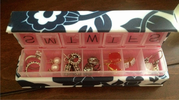 Inspired by Dawn Style Rx Designer Pill Box Case Les Fleurs de Midnight Pattern Top View with Weekly Pill Case Inside and Jewelry Organized for Travel