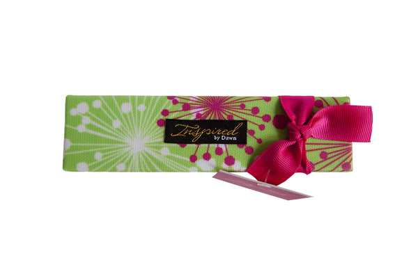 Inspired by Dawn Style Rx Designer Pill Box Case Inspiration Pattern Exterior Top View with Ribbon and Inspired by Dawn Hangtag