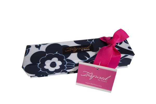 Inspired by Dawn Style Rx Designer Pill Box Case Les Fleurs de Midnight Pattern Exterior View with Ribbon and Inspired by Dawn Hangtag