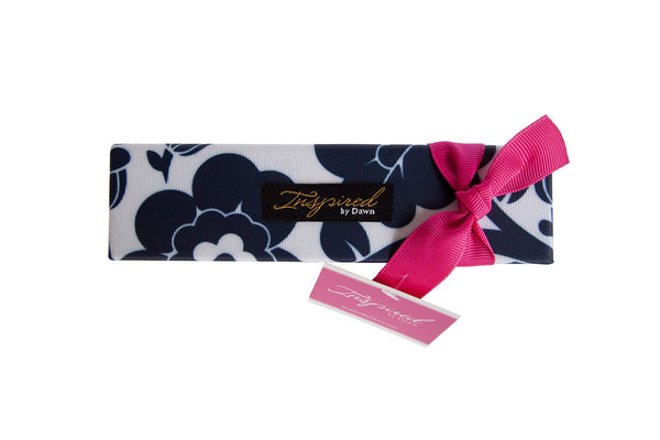 Inspired by Dawn Style Rx Designer Pill Box Case Les Fleurs de Midnight Pattern Exterior Top View with Ribbon and Inspired by Dawn Hangtag