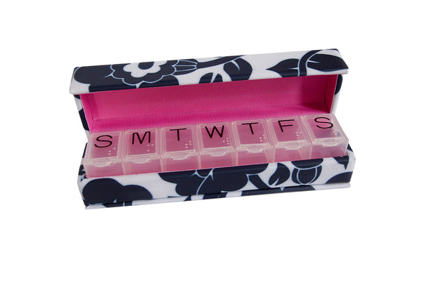 Inspired by Dawn Style Rx Designer Pill Box Case Les Fleurs de Midnight Pattern Interior View with Weekly Pill Box Inside