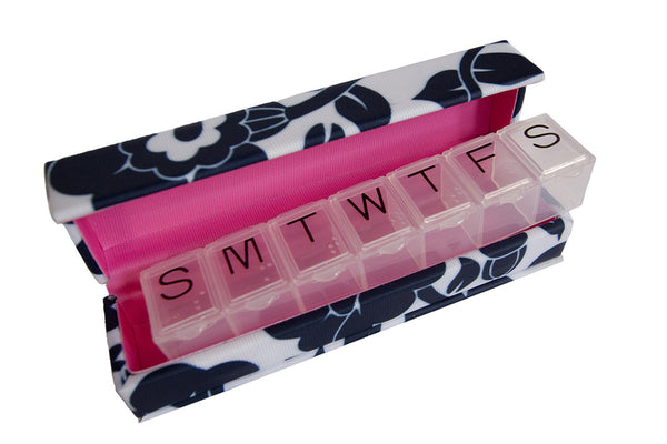 Inspired by Dawn Style Rx Designer Pill Box Case Les Fleurs de Midnight Pattern Interior View with Weekly Pill Case being Removed