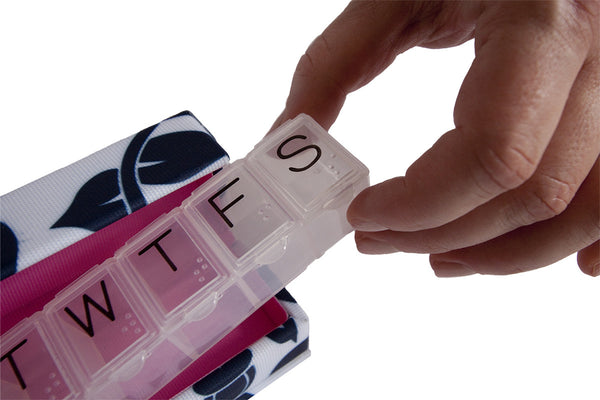 The Style Rx designer pill box case is small enough to fit in a purse or clutch, yet large enough to carry six fish oils and 20 ibuprofen tablets.