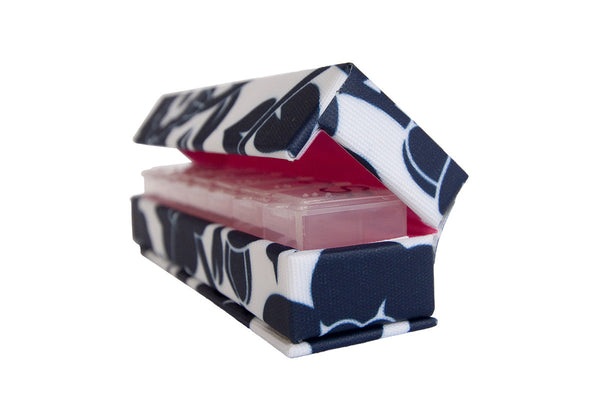 Inspired by Dawn Style Rx Designer Pill Box Case Les Fleurs de Midnight Pattern Side Profile View with Weekly Pill Case Inside and Lid Open